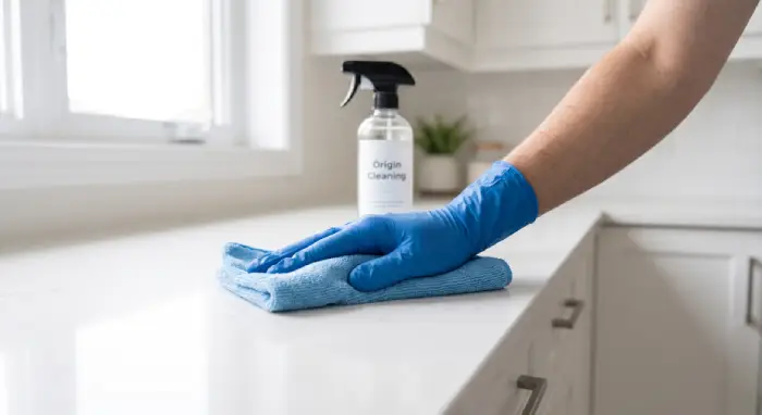 House cleaner wiping a kitchen counter in an Ottawa condo