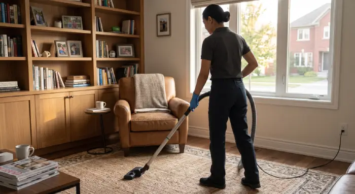 Professional residential cleaner vacuuming a living room in an Ottawa home